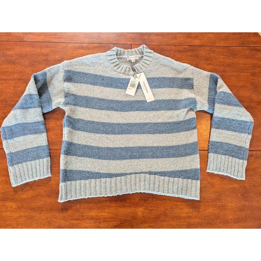 Vigoss Womens M Striped Knit Crewneck Pullover Sweater Long Sleeve Blue & Grey